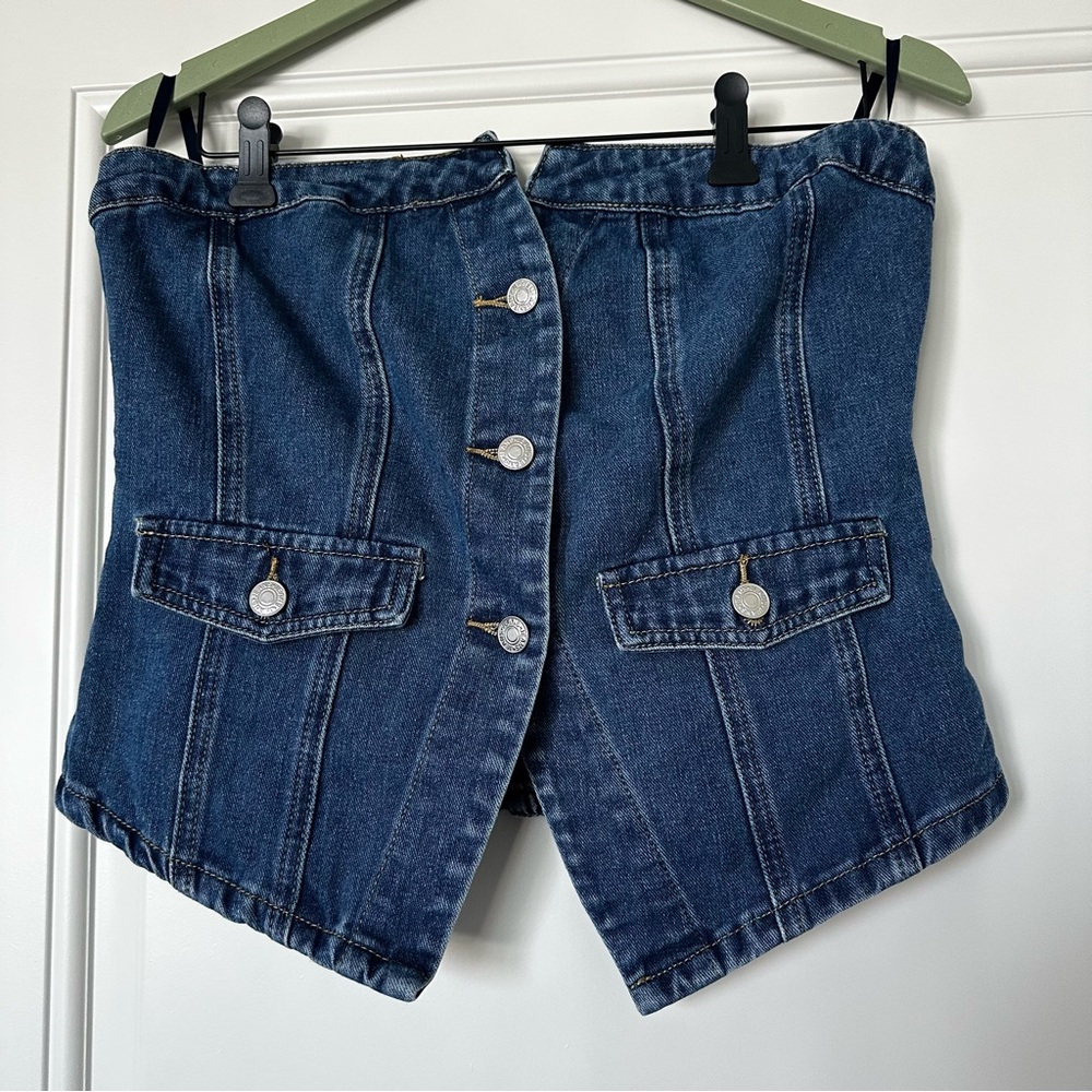 Denim Strapless Crop Top with Button Front - Dark Blue